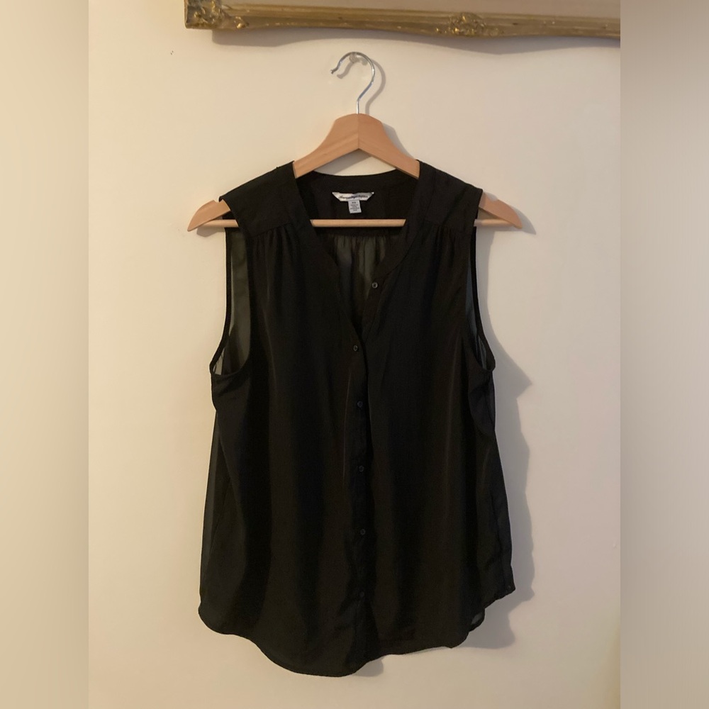 American Eagle Black Sheer Sleeveless Button Down Top Black Tank Top Size M